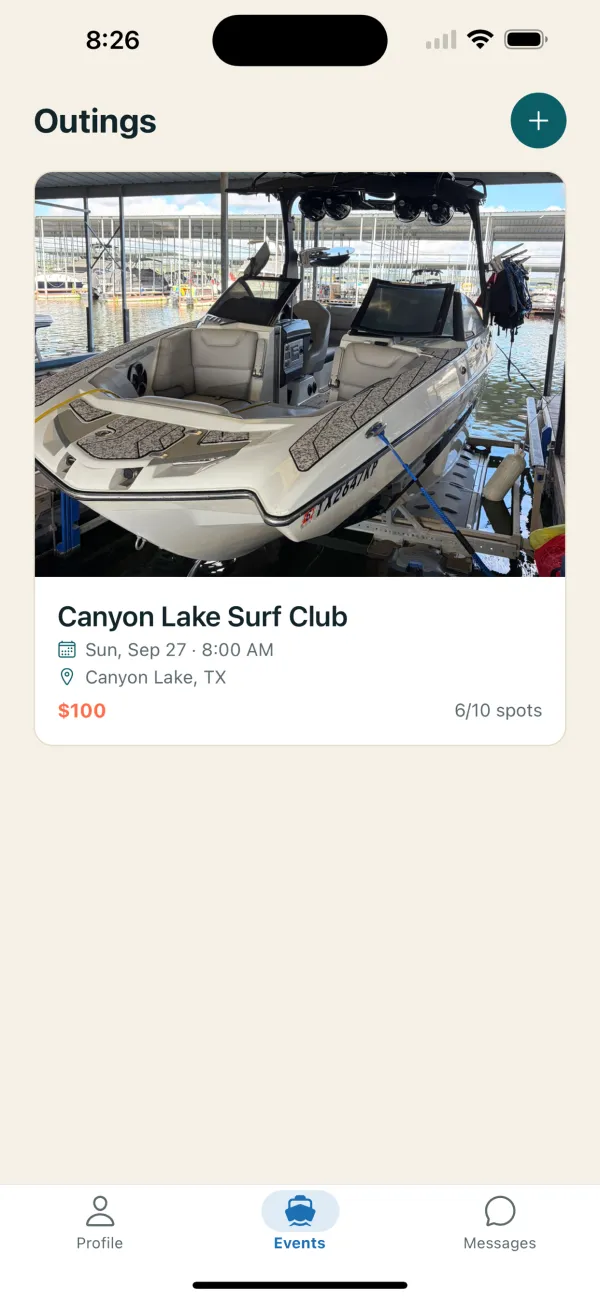 Outings screen listing an upcoming Canyon Lake surf session with date, location, price and open spots